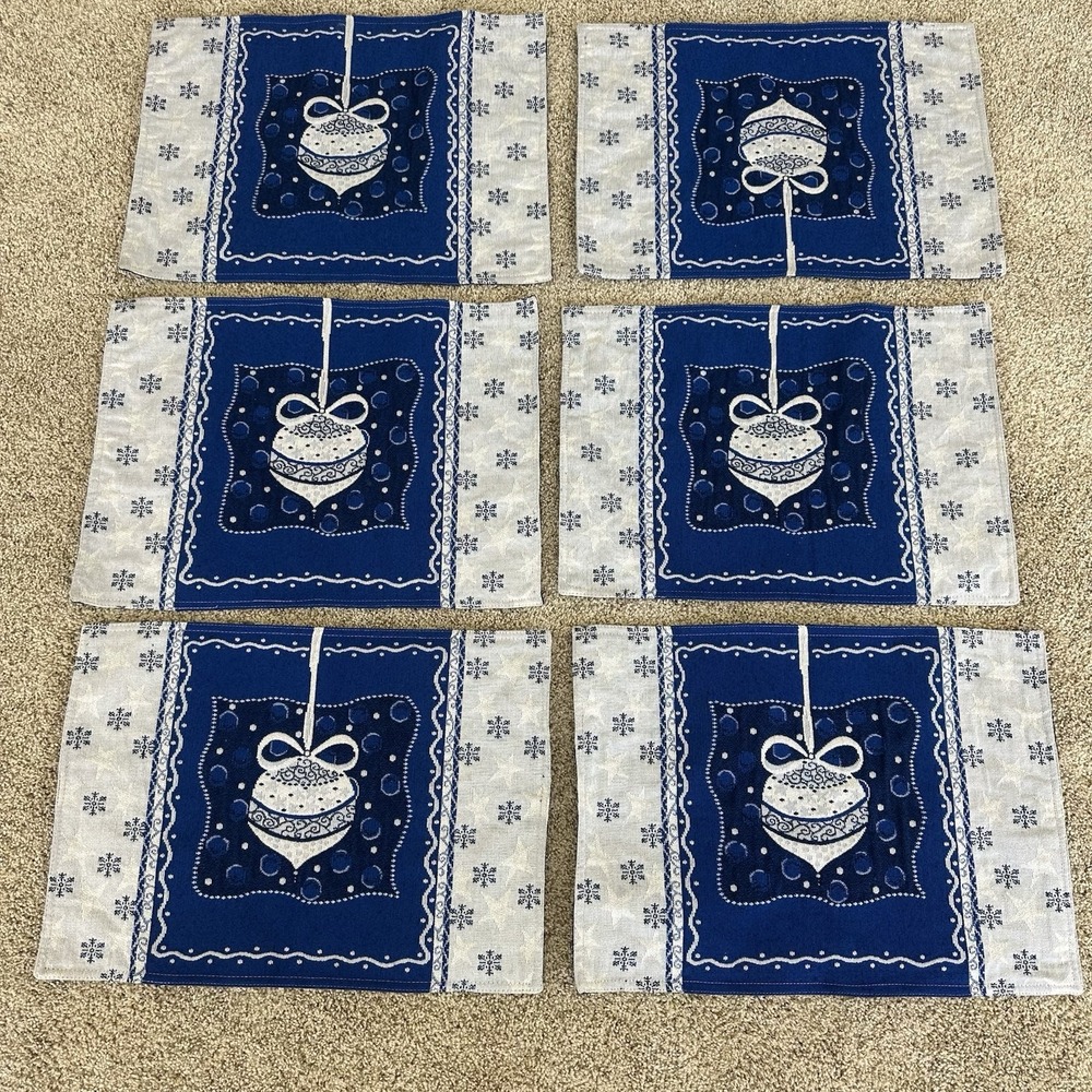 Set of 6 Tapestry Placemat‎ Christmas Ornament Holiday Snowflake Silver Blue